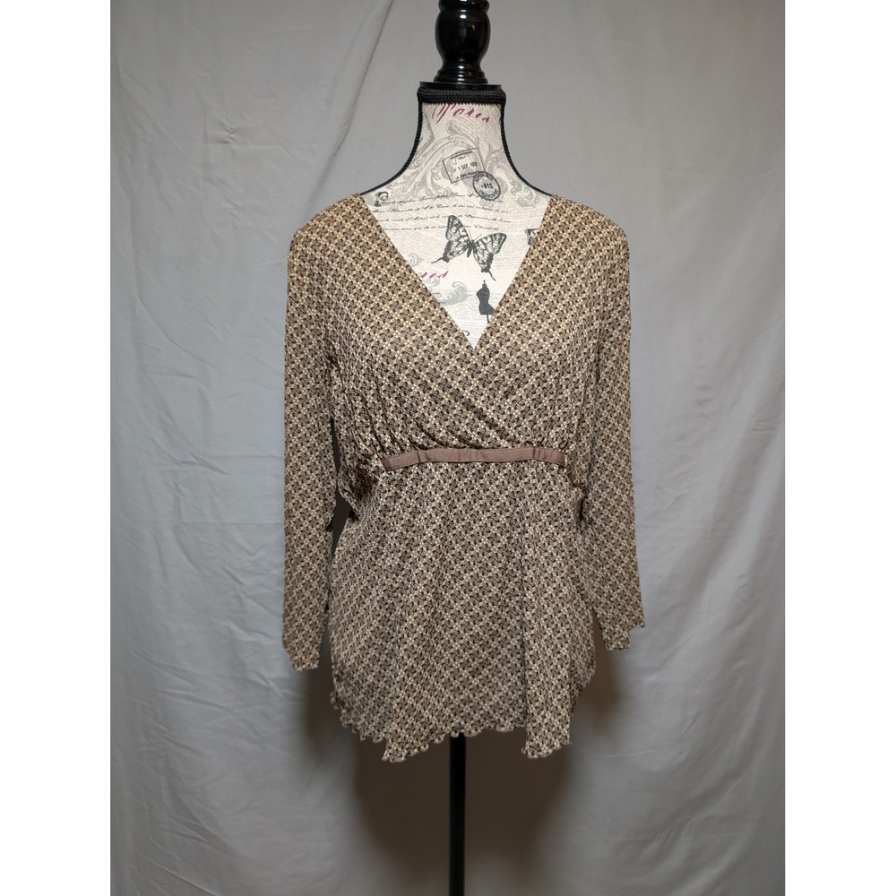 Axcess by Claiborne Vintage Brown Tan Printed Wrap‎ Blouse Lined Top Women's XL